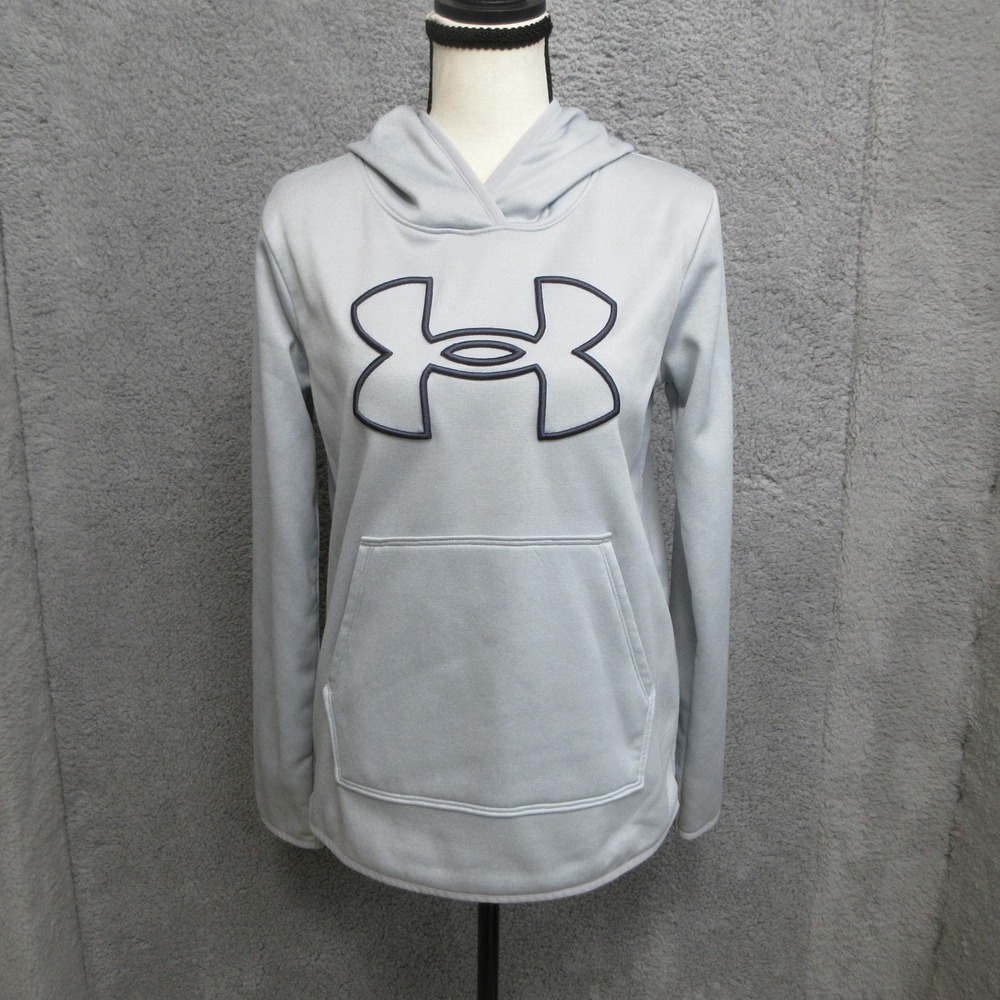 Under Armour ColdGear Hoodie Womens XS Gray Big Logo Fleece Pullover Sporty Chic